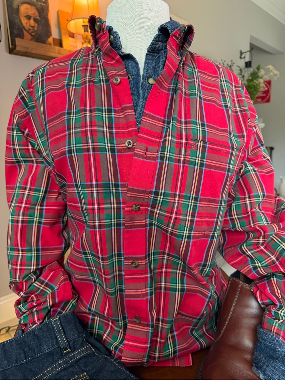 IZOD Men's Large Red Green Tartan Plaid Button Down Long Sleeve Shirt L